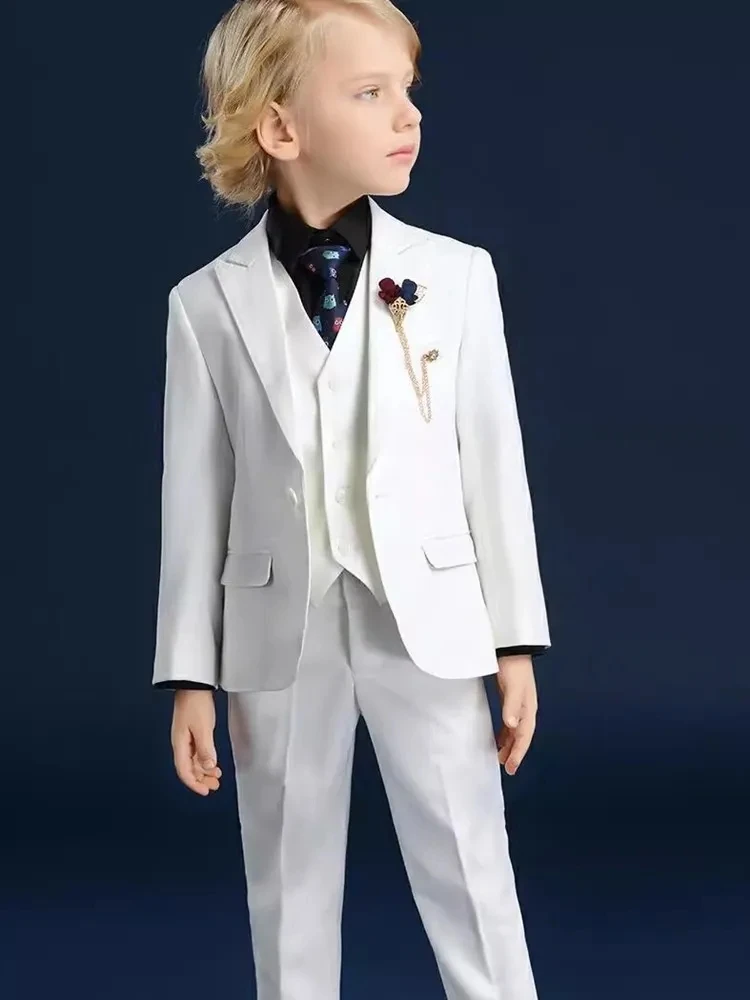 Children Luxurious White Baptism Party Dress Boys Jacket Vest Pants 3PCS Ceremony Photograph Suit Kids Piano Performance Costume