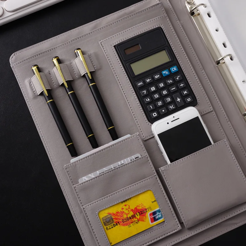 A4 หนังแฟ้มโฟลเดอร์สํานักงานธุรกิจ Binder เอกสารหน้าโฟลเดอร์เครื่องคิดเลขปากกากระเป๋าตรวจสอบผู้ถือจัดเก็บ