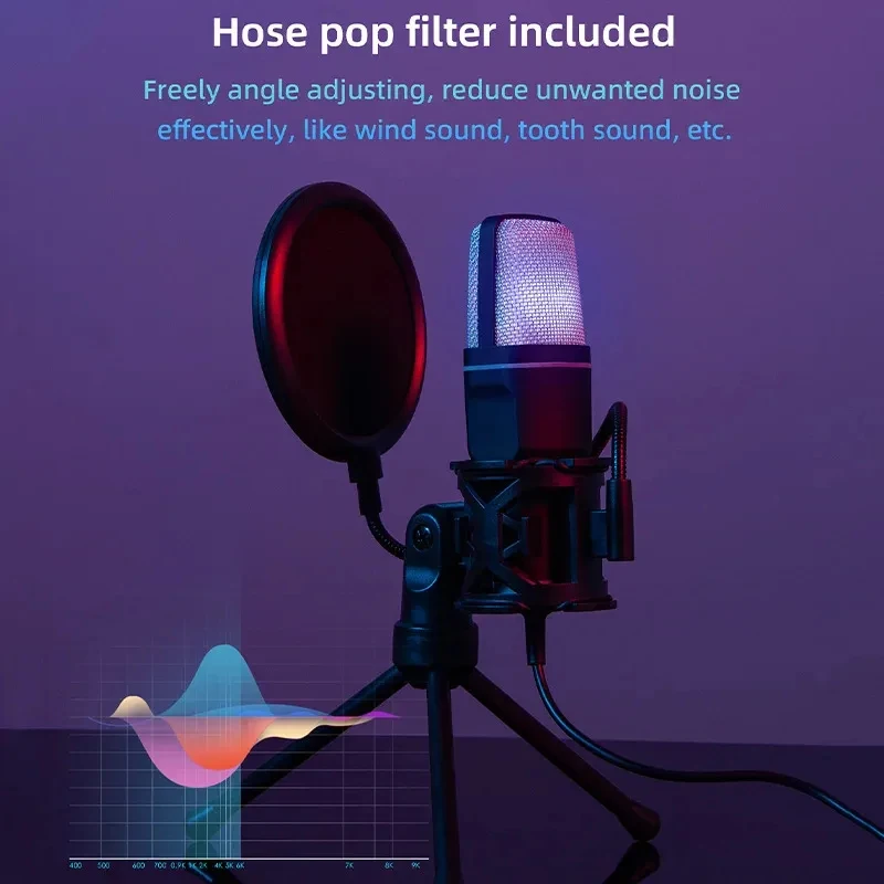 Micrófono USB RGB, micrófono condensador con reducción de ruido, micrófono con cable para juegos, para estudio de grabación de podcasts, transmisión en directo, ordenador portátil, PC de escritorio