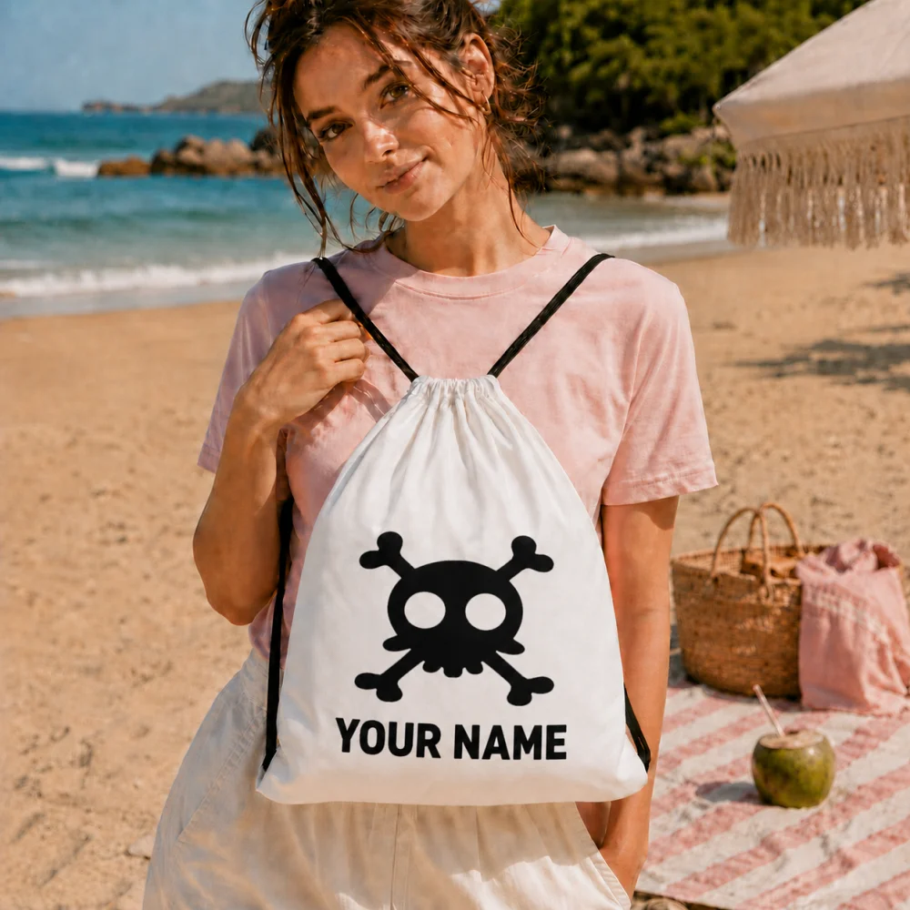 Personalized Skull Crossbones Drawstring Backpack Custom Name Kids Halloween Candy Bag Halloween Party Storage Gift Bag