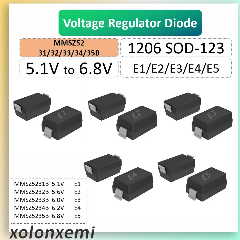 50Pcs 500mW Surface Mount Zener Diode  SMD E1 E2 E3 E4 E5 SOD-123 MMSZ5231B MMSZ5232B MMSZ5233B MMSZ5234B MMSZ5235B1206 Voltage