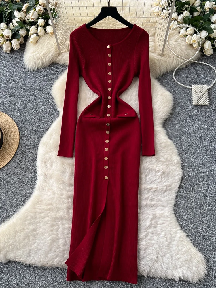 Slim Fit Long Sve Knitted Wrap Dr High Waist round Ne Single Button French Sle Ci Commute Dr Women's Faion