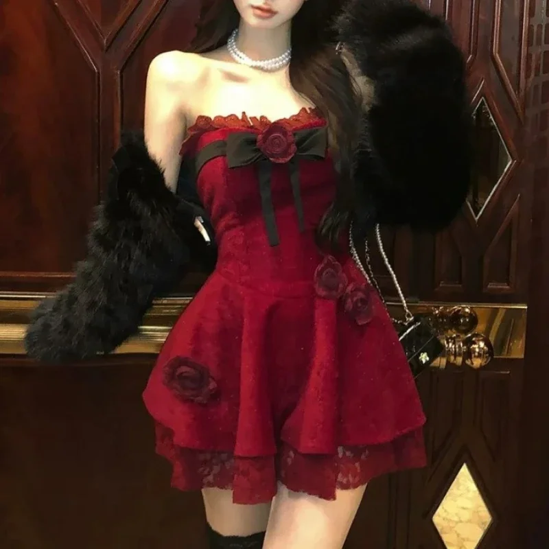 Gothic Y2k Lolita Style One Piece Dress Women Sexy Red Rose Flower Bow Party Mini Dress Japanese Fashion Elegant Dresses 2025