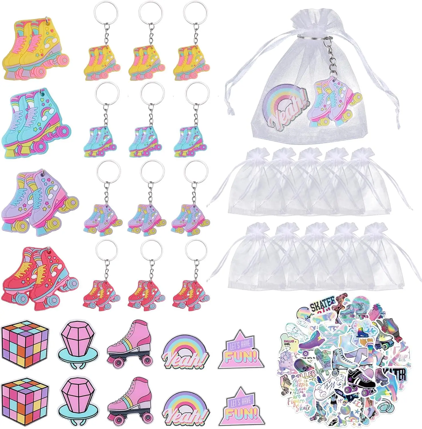 

86Pcs Roller Skate Party Favors, Keychains Pin Badges Tattoos Stickers Organza Bags 90s Throwback Roller Skate Hip Hop Birthday