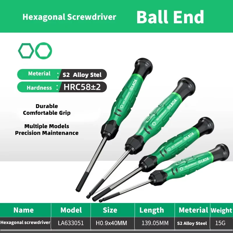 LAOA 1pc Mini Hexagonal Screwdriver with Magnetism S2 Alloy Steel Ball End Hex Screwdriver Precise Hexagon Screwdrivers