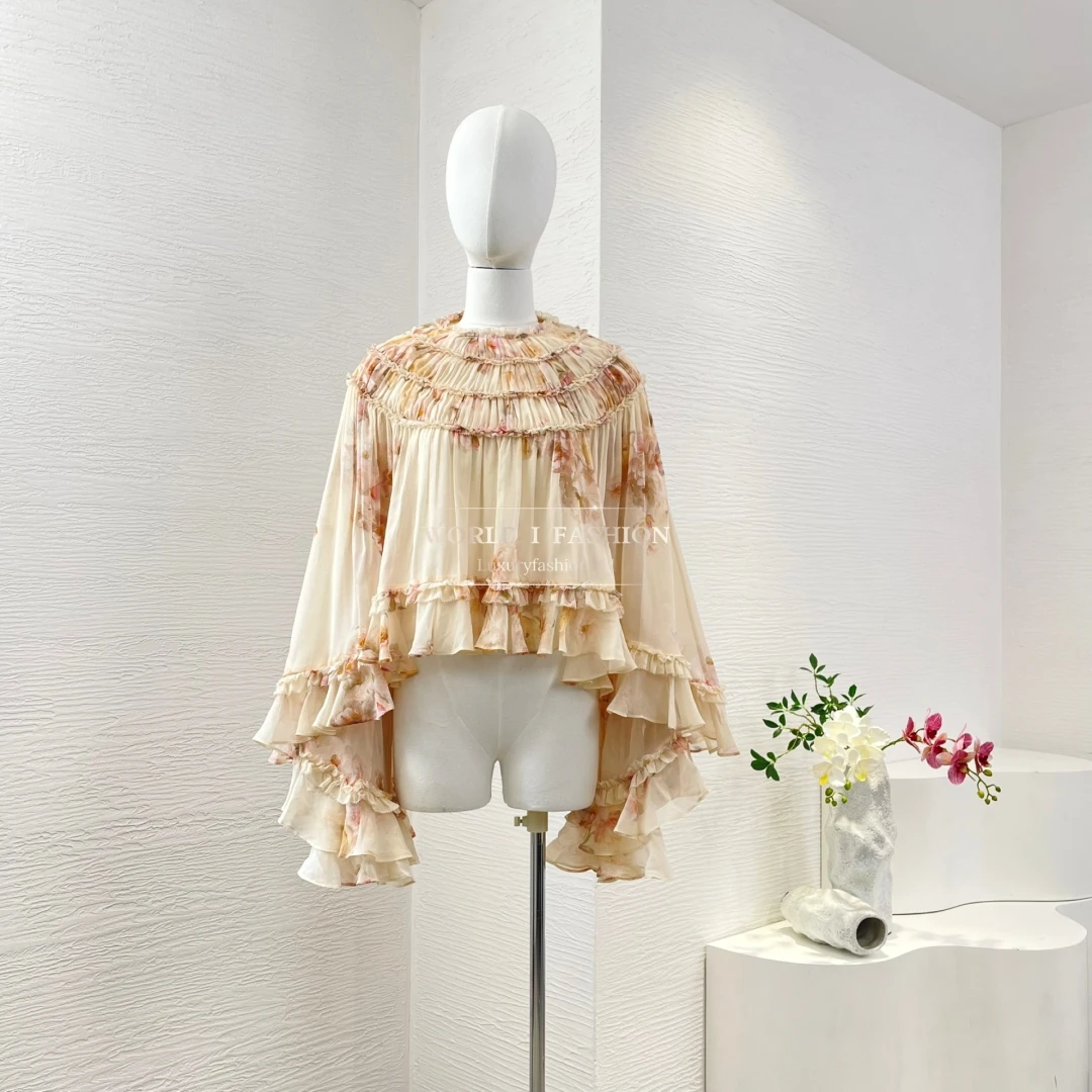 

Clothes for Women 2025 New Light Pink Long Sleeve Ruffles Frilled Blouse Tops and Skirt Set