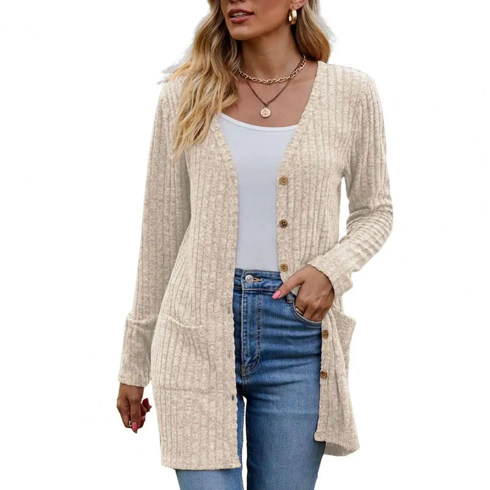 Winter Fall Women Cardigan Coat Knitted Single-breasted Sweater Elastic Pockets Warm Mid Length Lady Jacket Cardigan