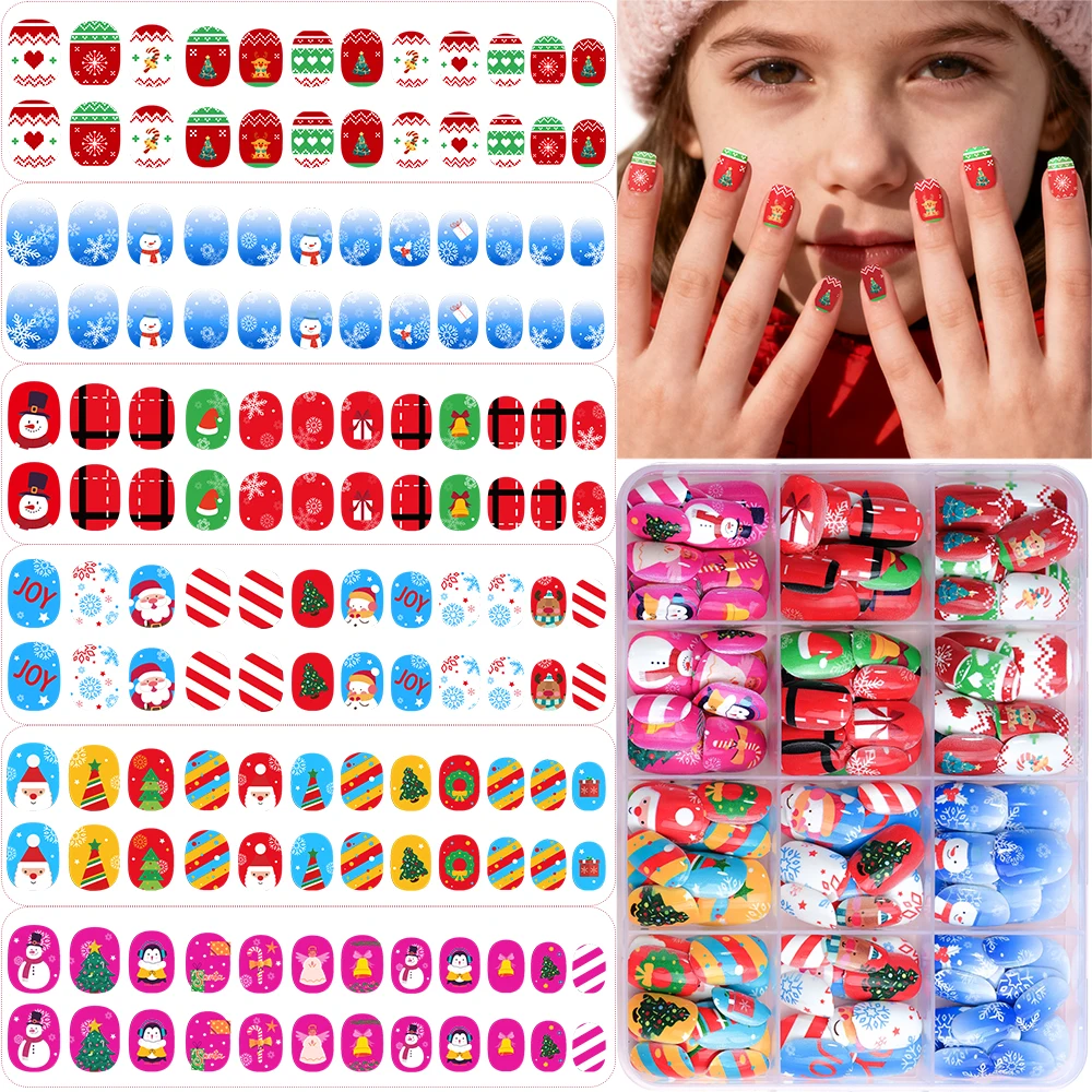 144Pcs/Box Kids Girl Christmas Press on Nails Cartoon Santa Claus Snowflake False Nail Tips Children Short Artificial Fake Nails