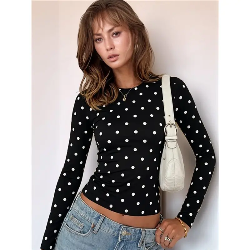 Polka Dot Tops For Women Y2K Long Sleeve Crop Top Vintage Slim Fit Crew Neck Going Out Streetwear Eco-Friendly