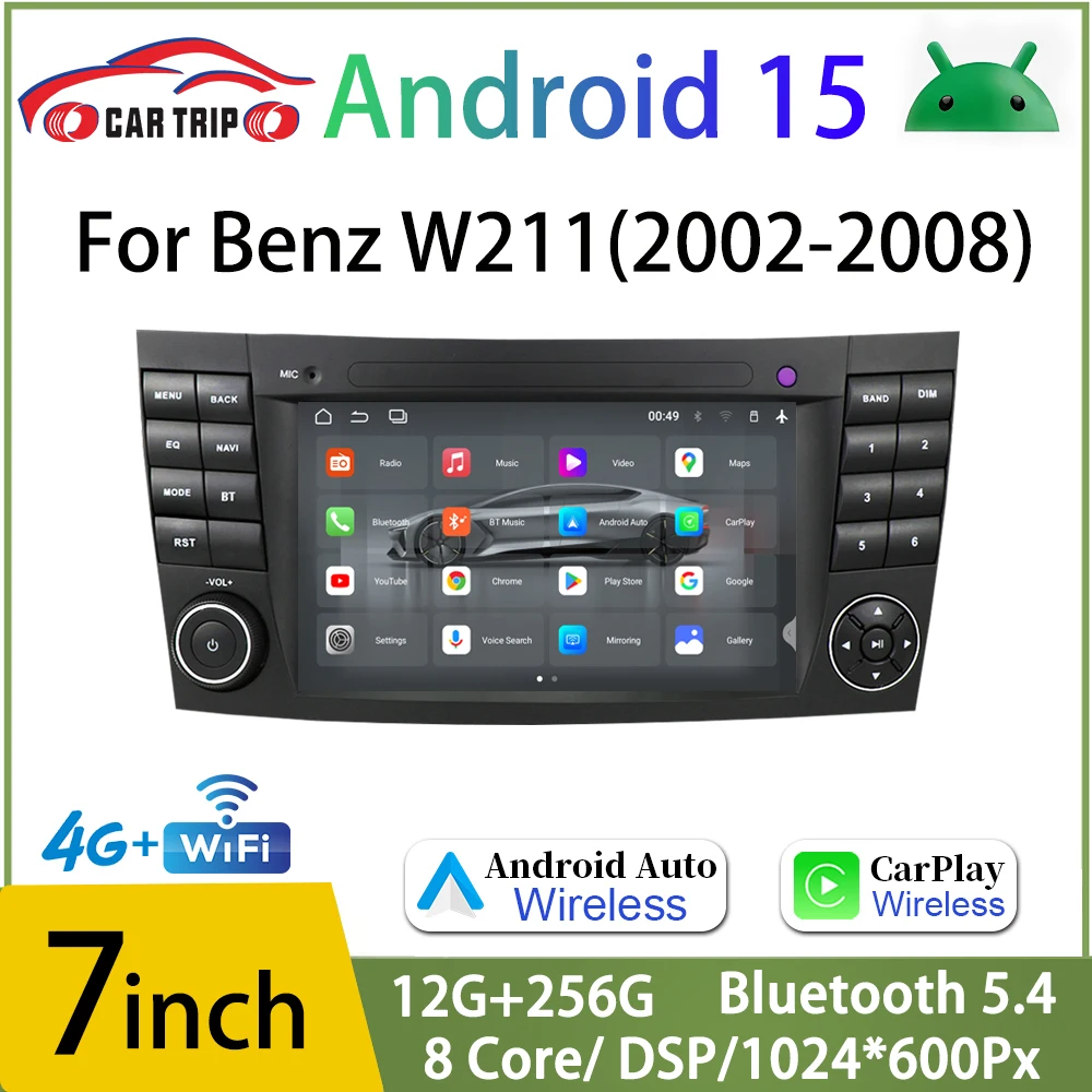 Radio Multimedia Android 15 para Mercedes Benz Clase E W211 E200 E220 E300 E350 E240 E270 E280 W219, Pantalla con Carplay, GPS para Auto