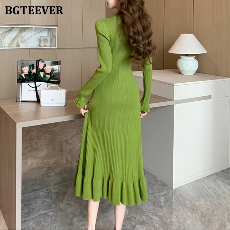 BGTEEVER Elegant V-neck Ladies Single-breasted Knitted Mid-Length Dress Autumn Winter Long Sleeve Slim Waist Women Mermaid Dress