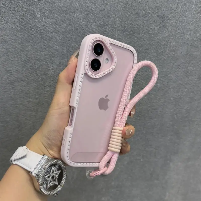 

Прозрачный чехол с блестками и бриллиантами для iPhone 11, 12, 13, 14, 15, 16 Pro Max Plus, ремешок на запястье, ремешок для девочек, подарок, блестящий акриловый жесткий чехол для ПК