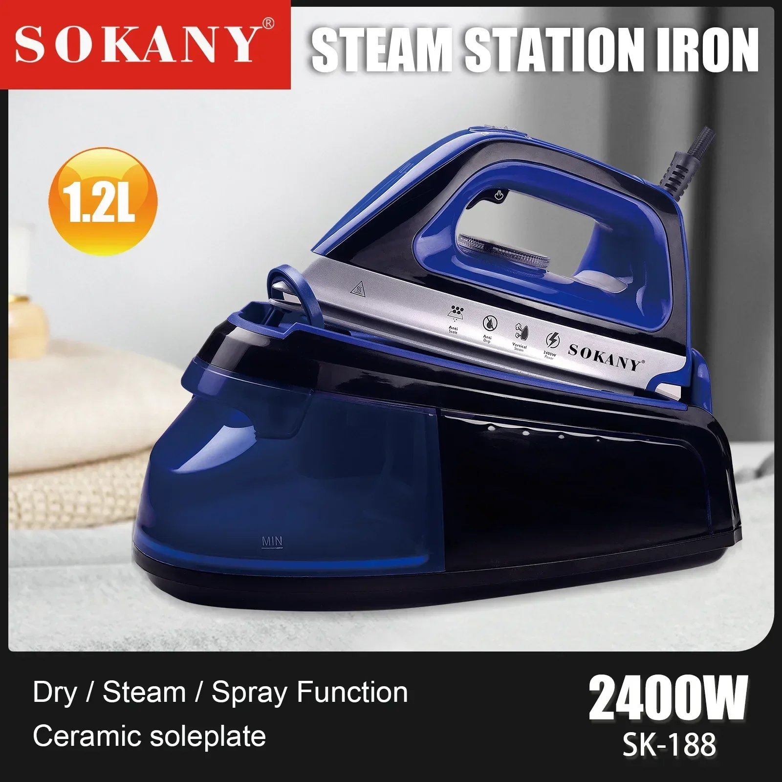 Steam Iron Ceramic Soleplate Professional Steam Station for Clothes 1.2 Liter Removable Tank 2400 Watts Ironing, Fabric Steamer