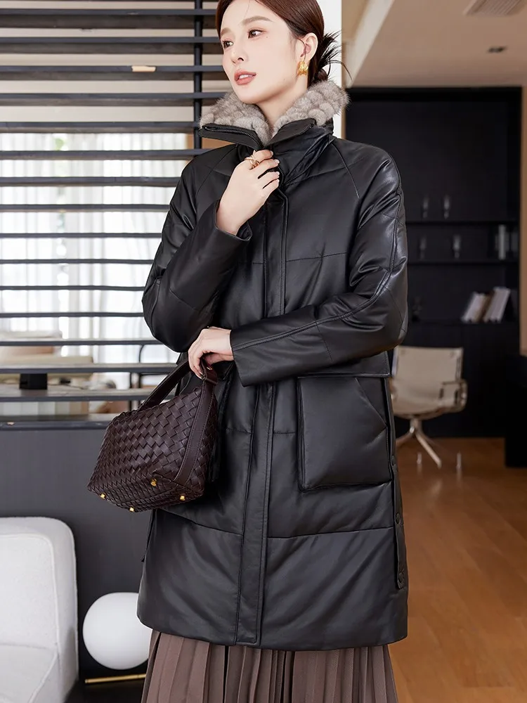 جديد إمرأة شتاء سستة فرو المنك طوق جلد طبيعي أسفل معطف منتصف طول سترة السيدات معطف جلد الغنم الدافئ فضفاض صالح #2