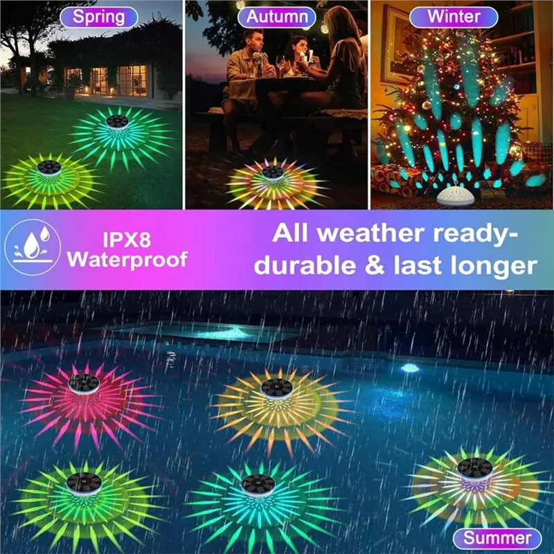 A11I RGB Solar Powered Floating Pool Lights, Smart Auto On/Off Function With 6 Lighting Modes, IPX8 Waterproof LED Color Change