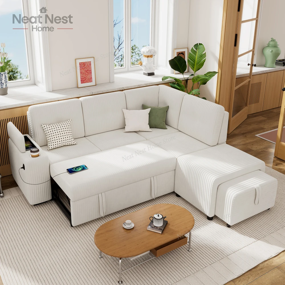 

Sectional Sofa Pull-out Sofa Bed with Movable Ottoman and Stool, Large Storage Space, a Cup Holder, and Two USB Ports