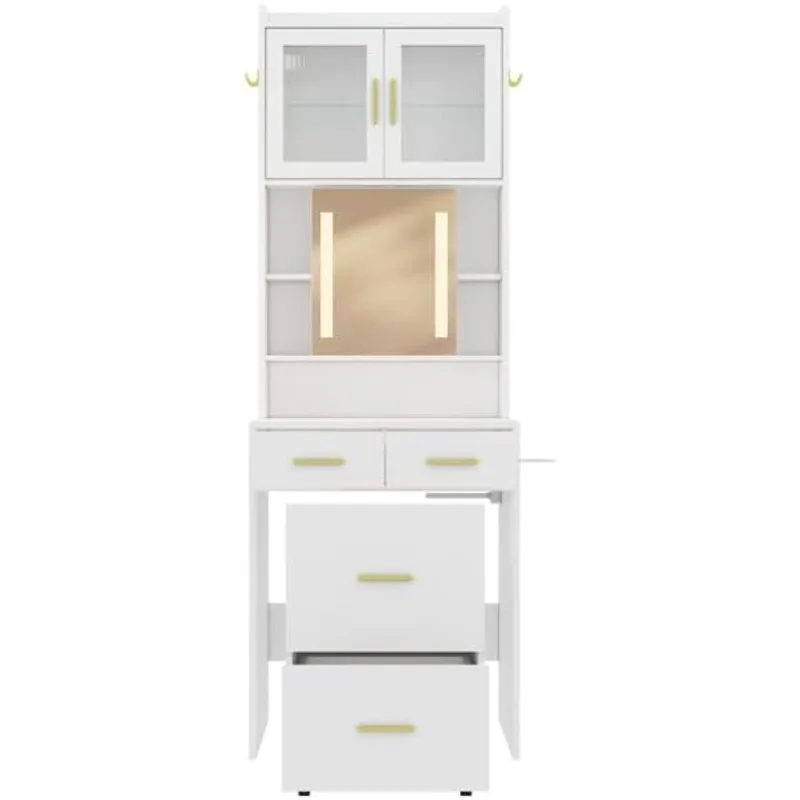 

Small Makeup Vanity Desk with Sliding Mirror and Lights, Makeup Table with Charging Station & DIY Pegboards for Small Space, Com