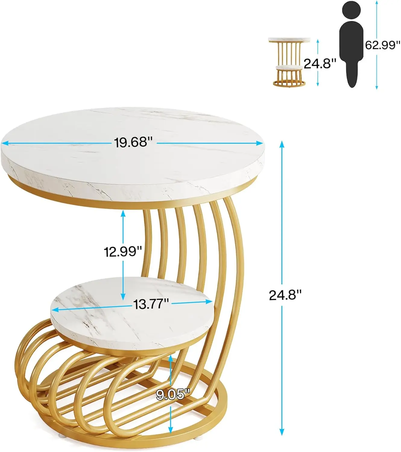 Tribesigns Gold Round End Table: 2 Tiers Side Table Set Of 2 With Storage Shelf, Modern White Gold Bedside Nightstand, Metal