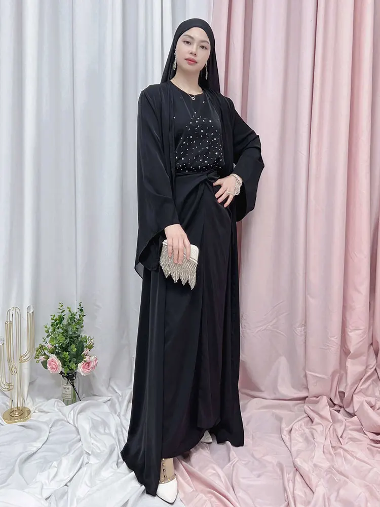 Beaded 3 Piece Muslim Matching Set Women Summer Open Abaya Sleeveless Maxi Dress & Tie Waist Skirt Dubai Turkey Modest Outfits