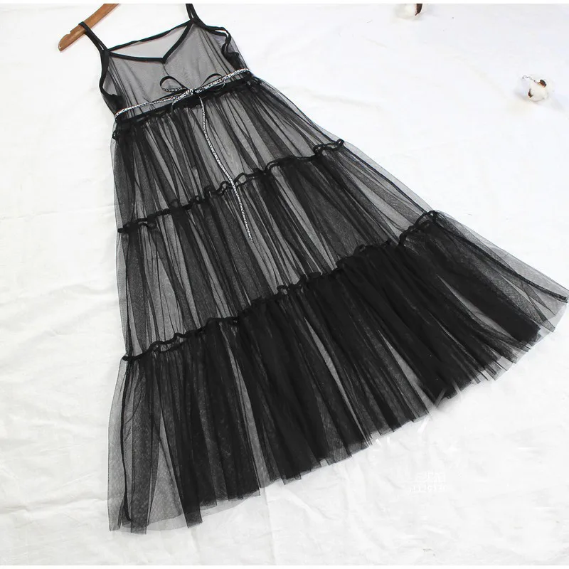 Summer Sexy V Neck Mesh Spaghetti Strap Dress Women Tie Bow Belt Lace Overall Dresses Lady Fairy A Line Large Hem Long Vestidos