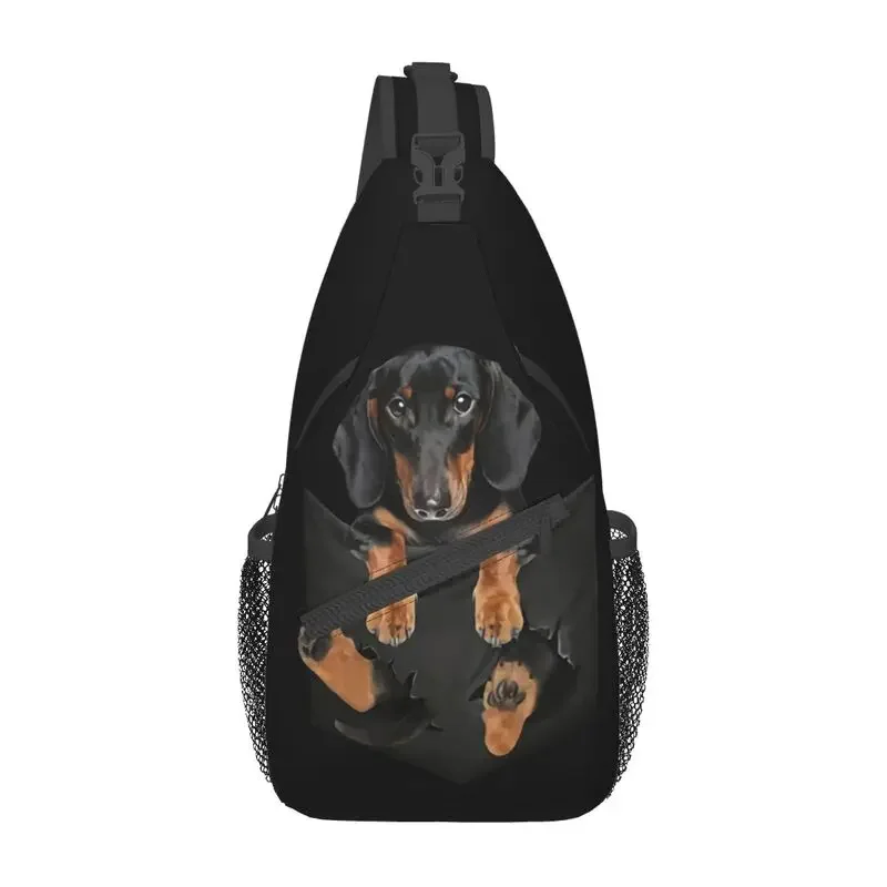 Funny Dachshund Sling Crossbody Backpack Men Custom Sausage Badger Wiener Dog Shoulder Chest Bag for Cycling Camping Daypack