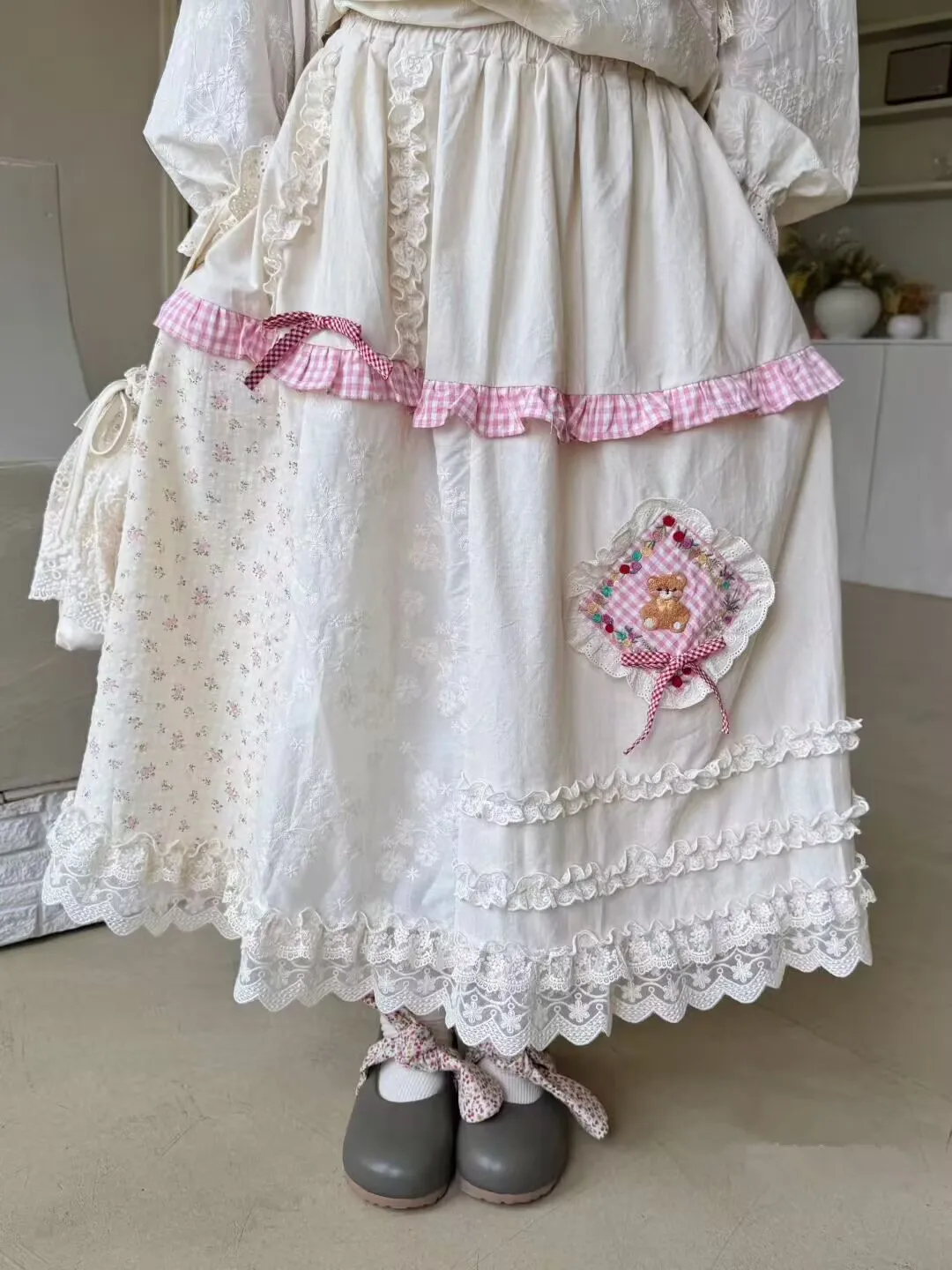 

Vintage Embroidery Ruffled Cotton Long Skirts Women Japanese Mori Girl Elastic Waist Loose Kawaii Midi Skirt Faldas Mujer