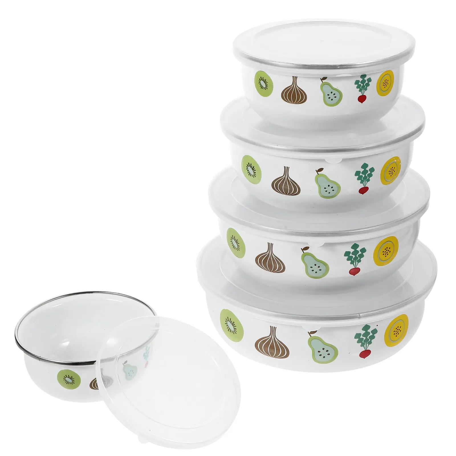 

5 Pcs Fresh Keeping Bowls Set Enamel Covered Lightweight Sealed Lids Salad Fruit Home Camping Picnic Soup Noodle Snack Dessert