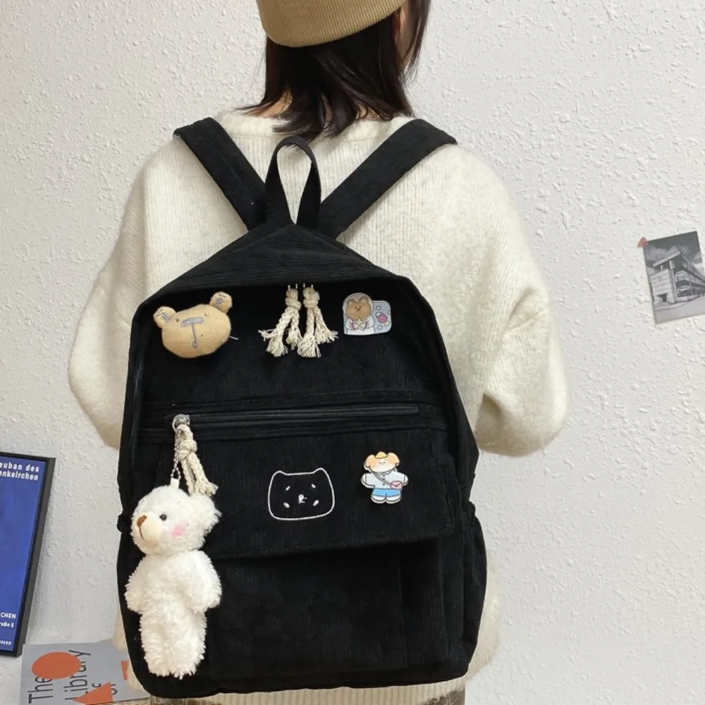 Large Capacity Women Backpack Cute Zipper Pure Color School Backpack Corduroy Corduroy Backpack Students