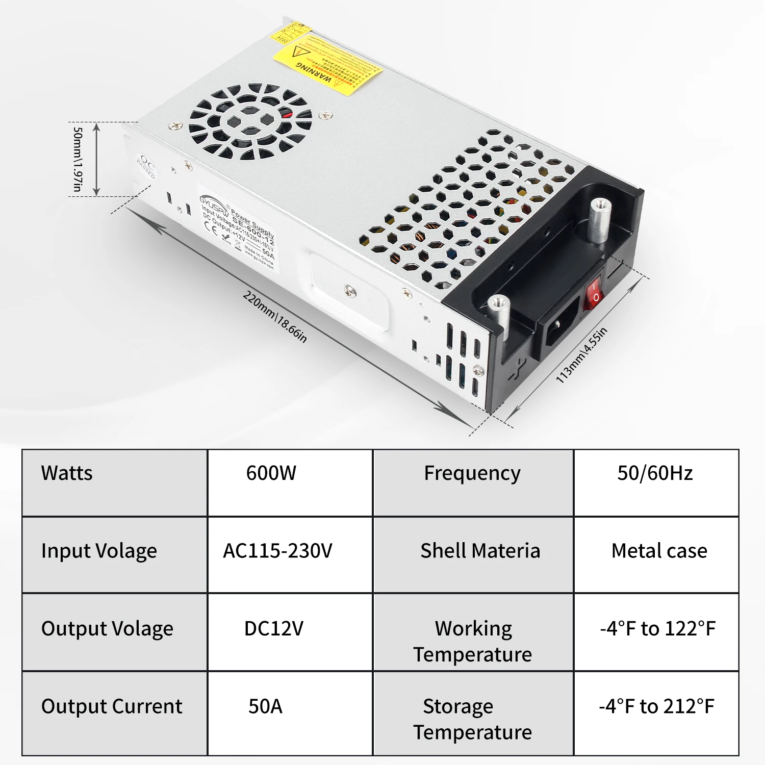 600W 12V 50A Switching Power Supply AC‑DC Converter With Alligator Clips For LED Light, Industrial Equipment, Diesel Heater