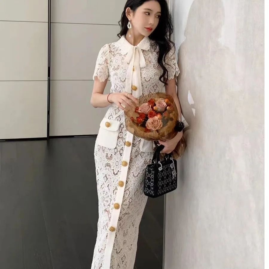 

Элегантное летнее женское платье с воротником, вышивкой и кружевом, с завязками, с завышенной талией, фасон «рыбий хвост», новинка