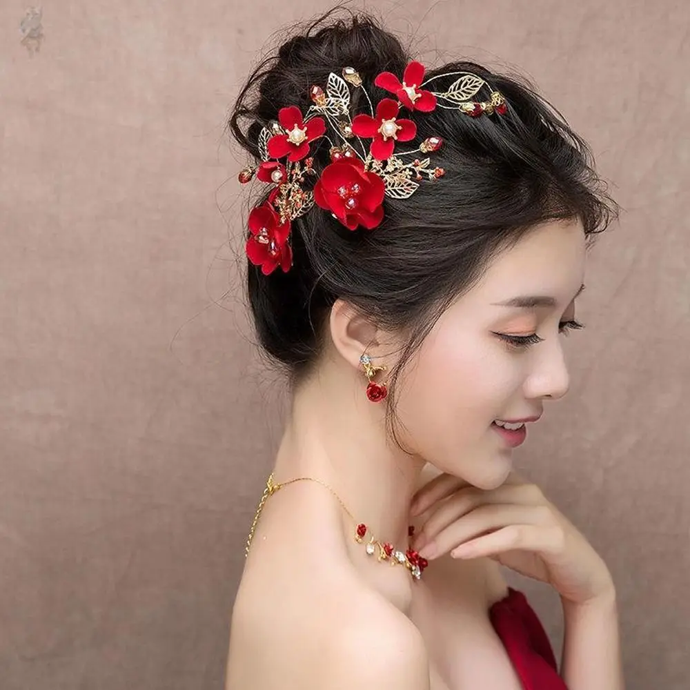 Chinese Hanfu Red Flower Hair Clips For Women Bride Wedding Pearl Crystal Leaf Hairpins Duckbill Clips Girls Hair Accessories