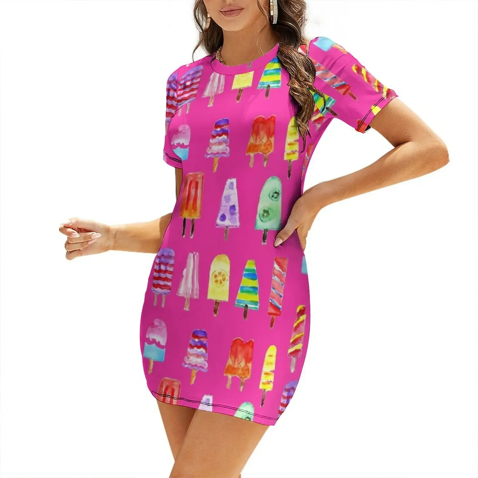 

Watercolor Popsicles on Pink Hand-Painted Pattern Short-Sleeved Dress prom dress Dress