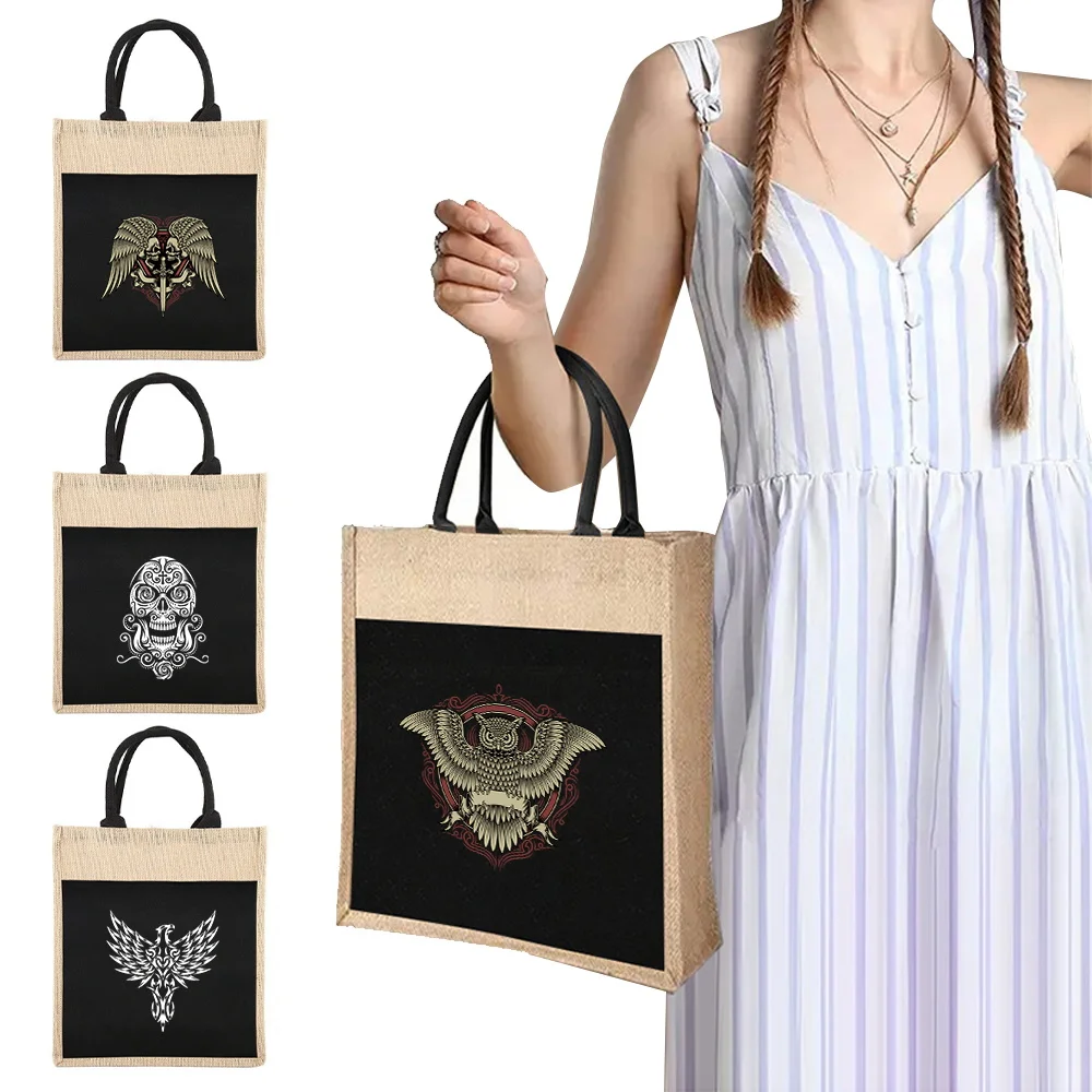 

Burlap Shopping Bags Jute Tote Bag Vintage Reusable Grocery Shopping Bags Print Skull Series Beach Handbags Multifunctional Tote