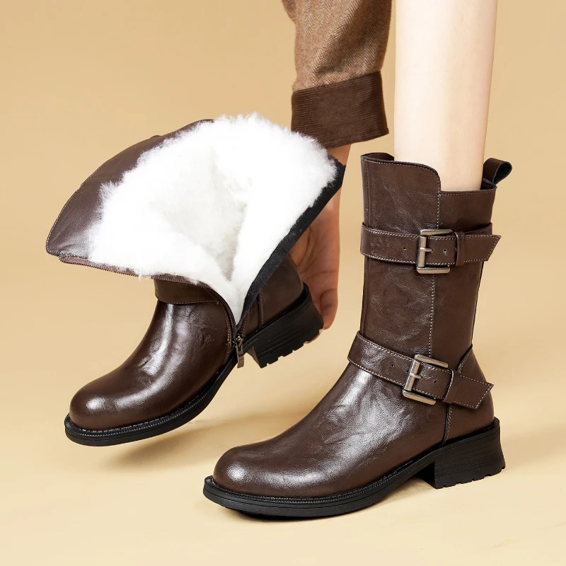 CICIYANG Women's Winter Wool Boots Genuine Leather 2026 New Plus Size Belt Buckle Knight Boots Anti-slip Handmade Female Boots