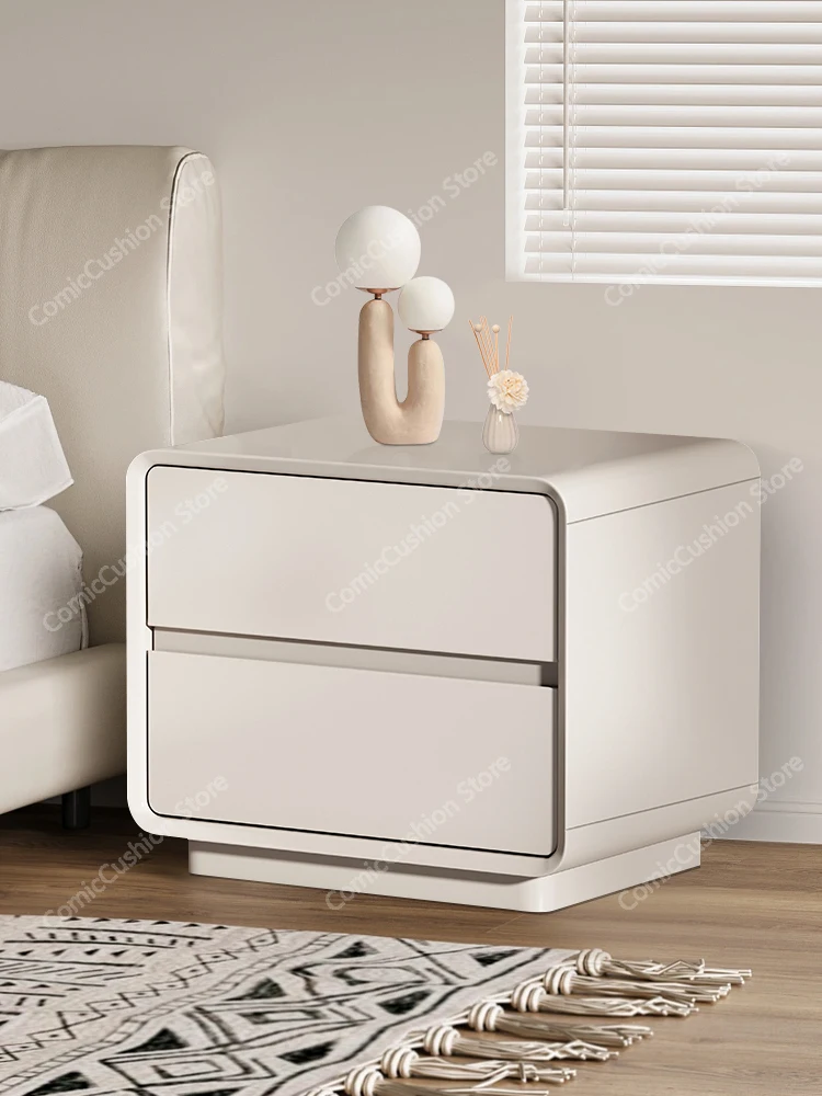 Solid wood bedside table Modern simple advanced baking paint Minimalist light luxury cream style bedroom Free installation