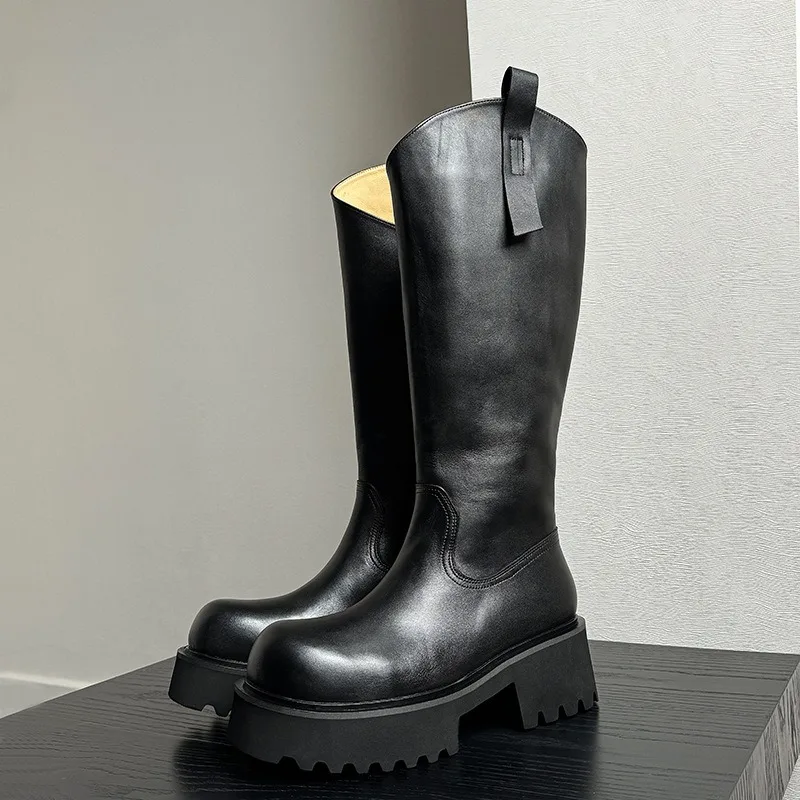 Retro Western Style Tall Leather Boots Cow Leather Upper Non-slip Outsole Fashion Streetwear Men Knee Boots