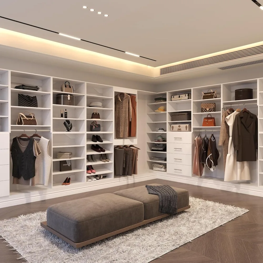 وحدة خزانة معلقة طويلة، نظام خزانة معياري، منظم نظام خزانة خشبي مع مساحة تخزين للمشي في الخزانات، رف ملابس Wa