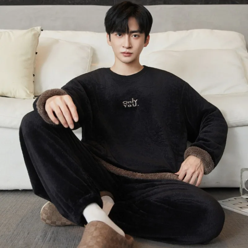 

Flannel Pajamas Set Men's Winter Warm Coral Fleece Thickened Sleepwear Long-sleeved Trousers Korean Youth Plush Loose Loungewear