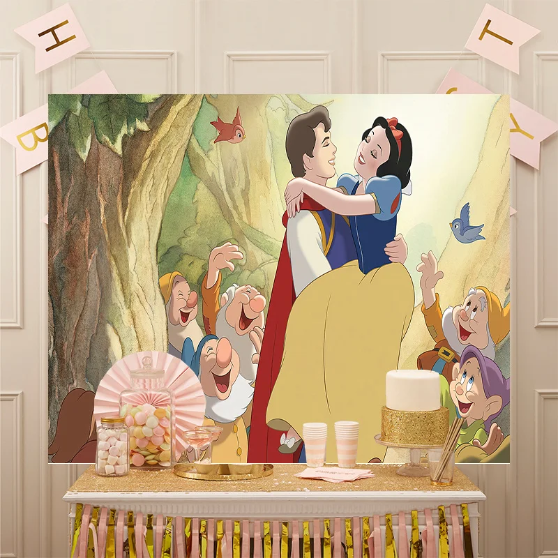 Disney Party Backdrop Snow White and The Seven Dwarfs Princess Red Apple Background for Girl First Birthday Princess Backdrops