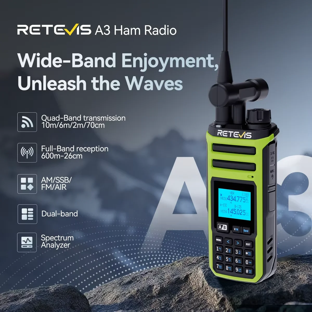 

Retevis A3 Ham Radio Quad Band Walkie Talkie UHF VHF HF Dual Receive Transmit VOX 2500mAh Long Battery Life 999Channels CB Radio