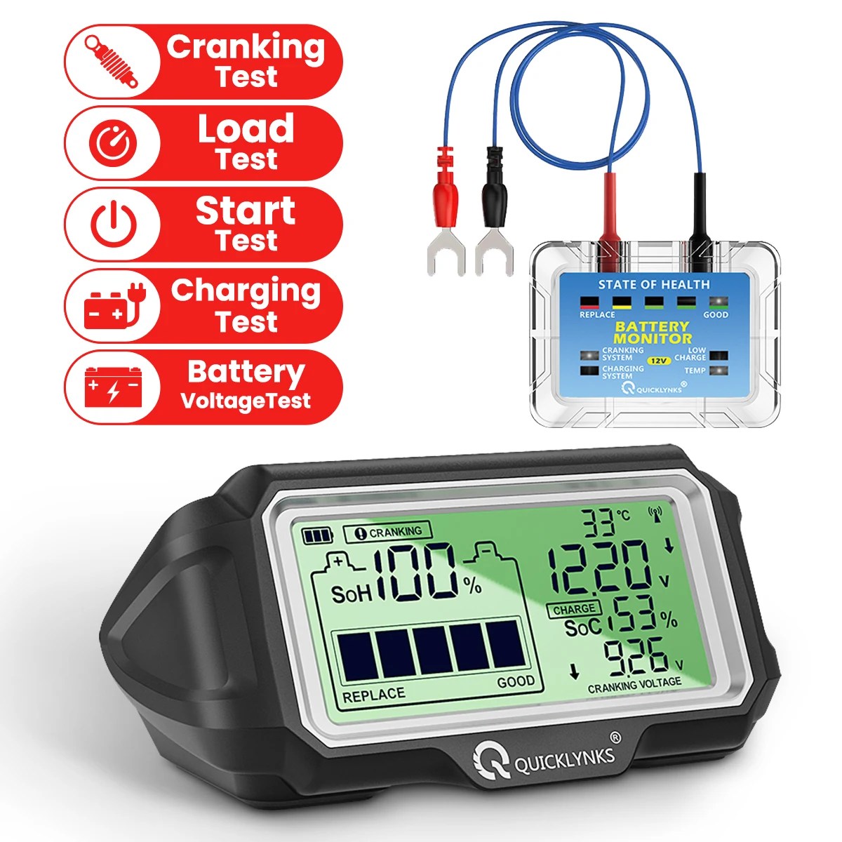 QUICKLYNKS BM5-D 12V Car Battery Tester LED 433MHz Monitor Head Up Display SOH SOC Battery Health Charging Tester Analyzer Tool