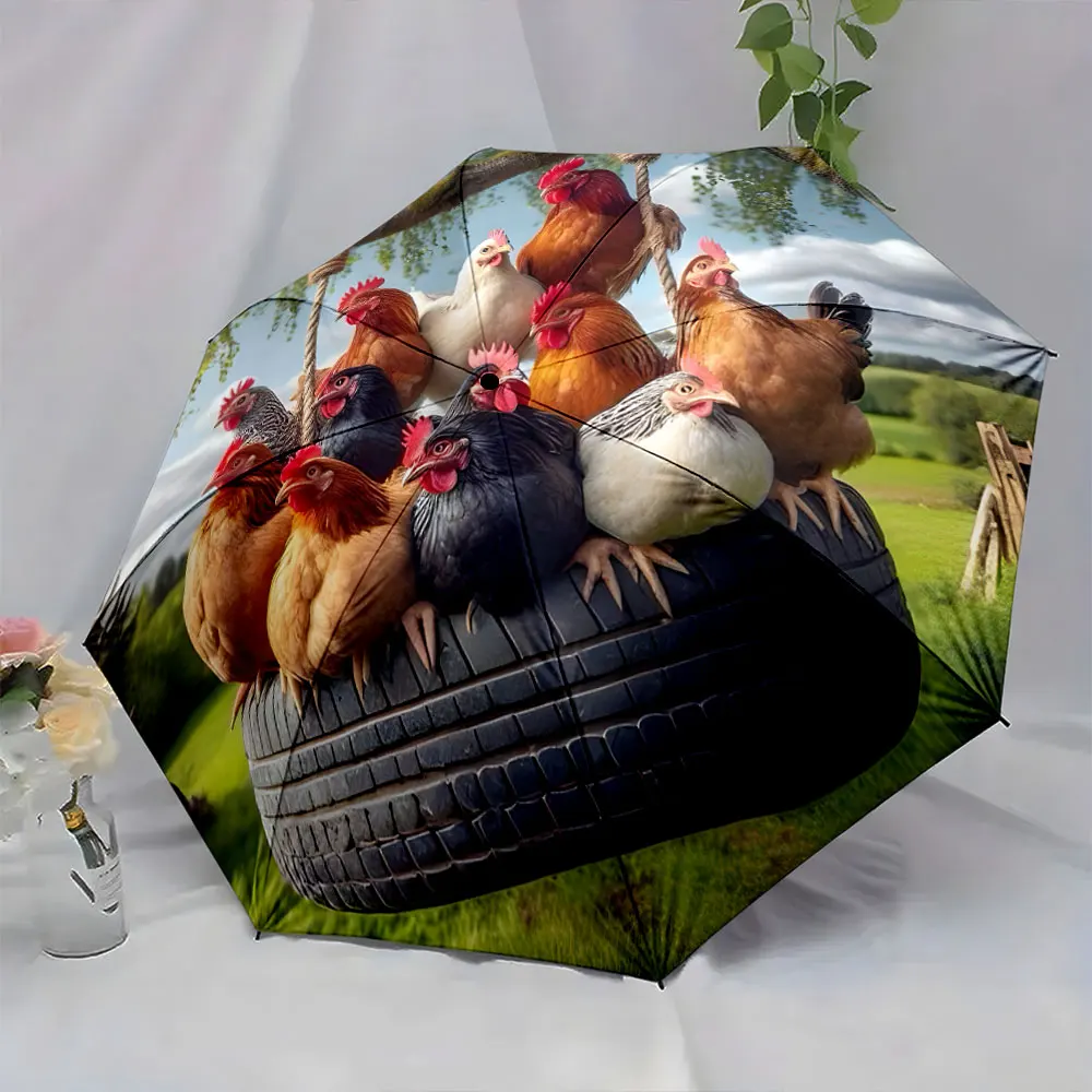 1PC Chicken Swing Design on Umbrella Adds Farm Fun to Rainy Days Print 8 Iron Ribs Folding Umbrella Auto-Open Fashion Sunshade