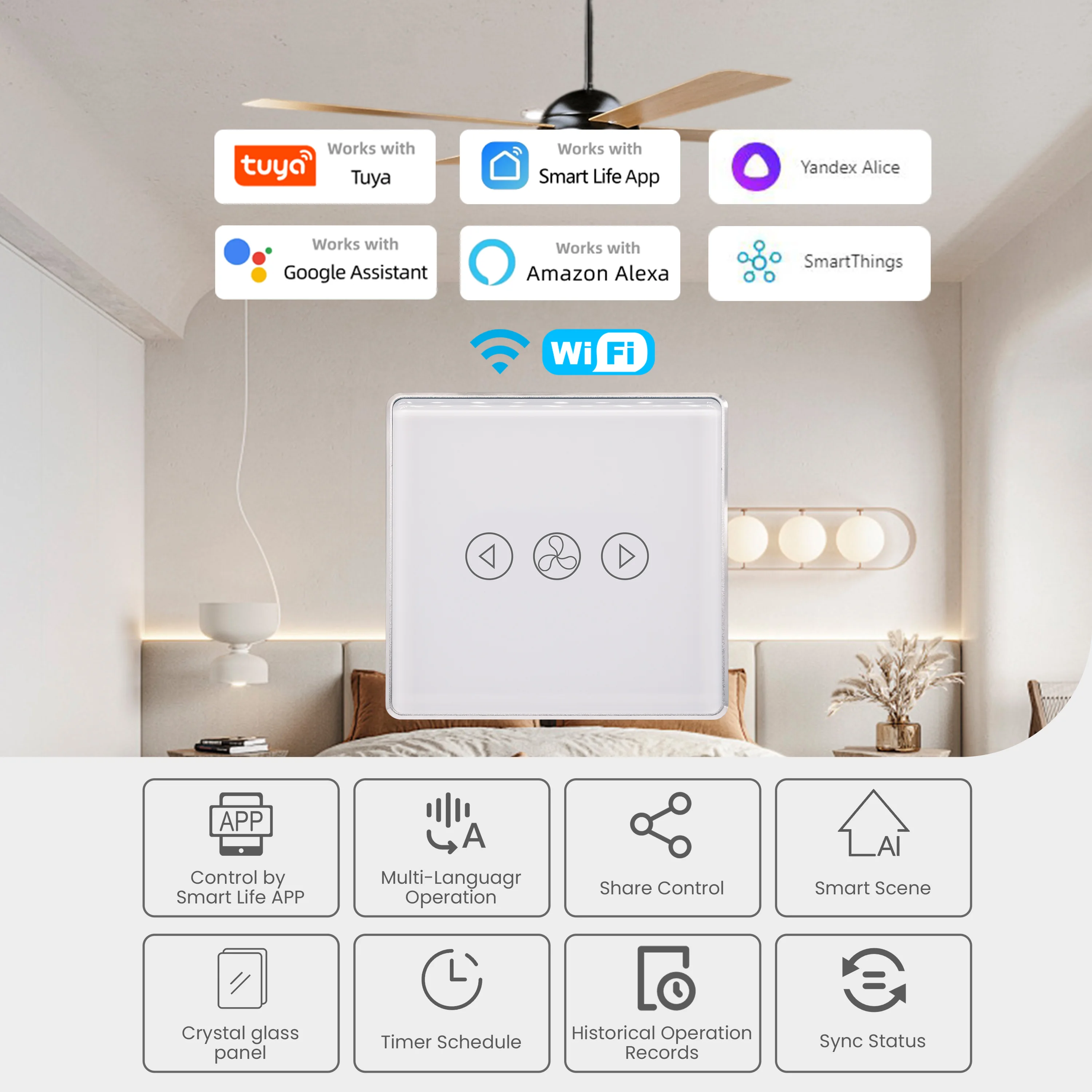 

Выключатель вентилятора EU WiFi Sliver Алюминиевая рама 2.5D Arc Edge Таймер Расписание Настенный выключатель света с нейтральным проводом Стекло Tuya