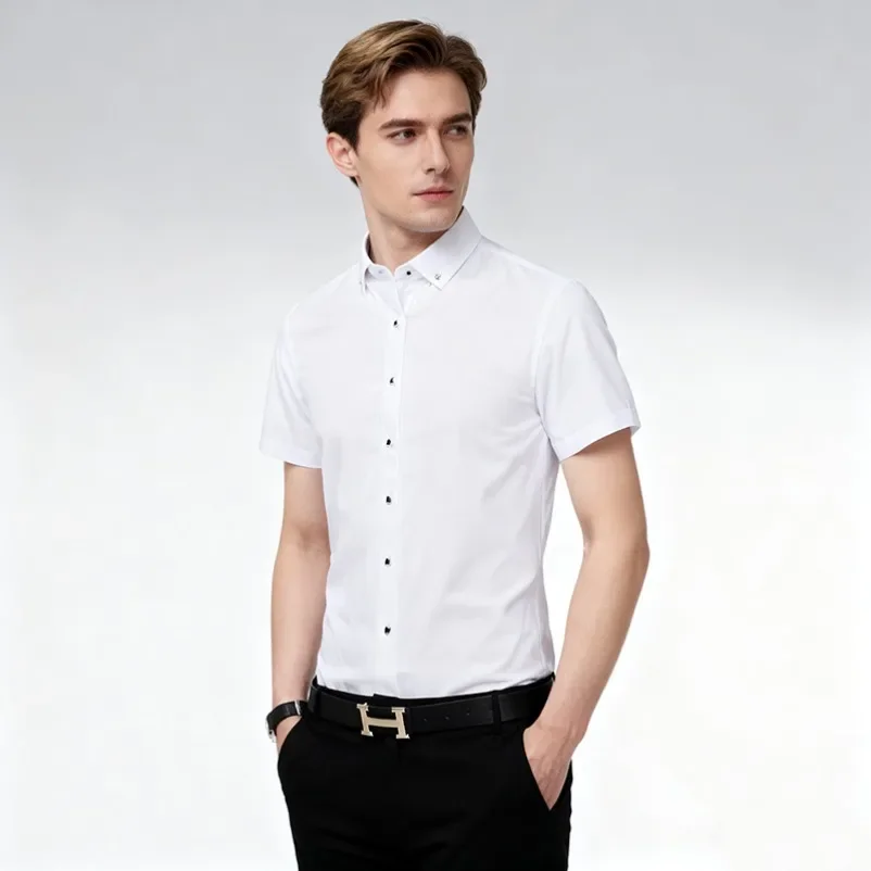 

Мужская приталенная рубашка с коротким рукавом, французские запонки, новый фирменный однотонный белый, синий, розовый для повседневного платья, без глажки KOACUS