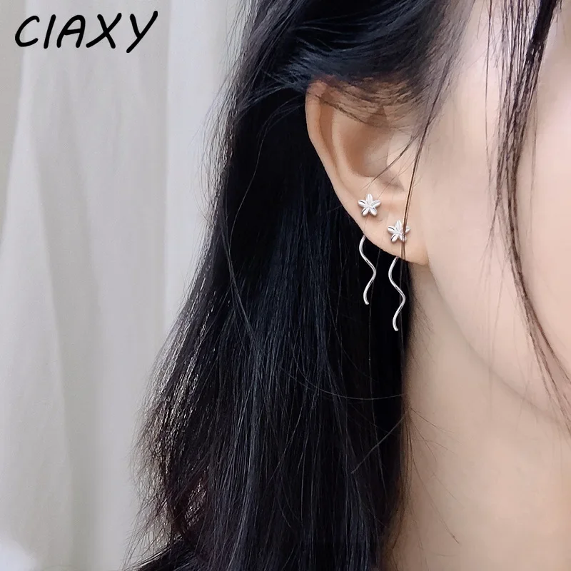 CIAXY Silver Color Frangipani Flower Earrings for Women Wave Ear Line Mini Long Earrings Fashion Jewelry Party Gifts