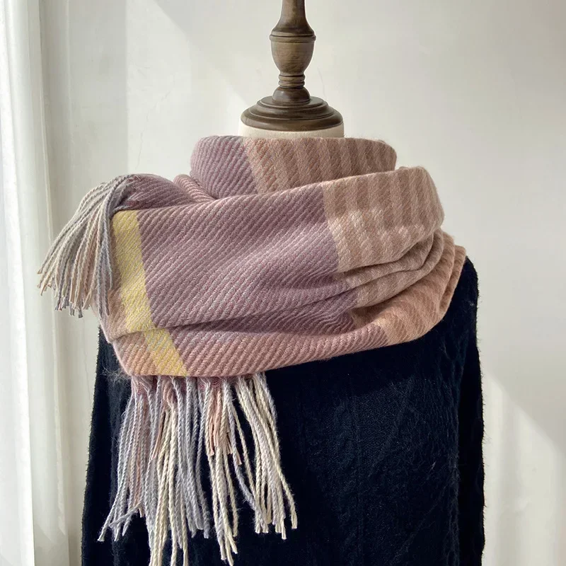 Korean Sweet Girls Imitation Cashmere Scarf Aesthetic Winter Warm Soft Long Tassel Shawls Wraps Thick Scarves for Women Students