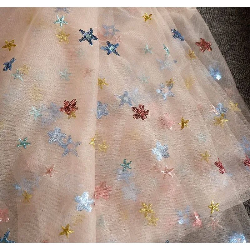 New Fashionable Colorful Embroidered Star Sparkle Embroidered Mesh Fabric Wedding Dress Childrens Clothing Background Decoration