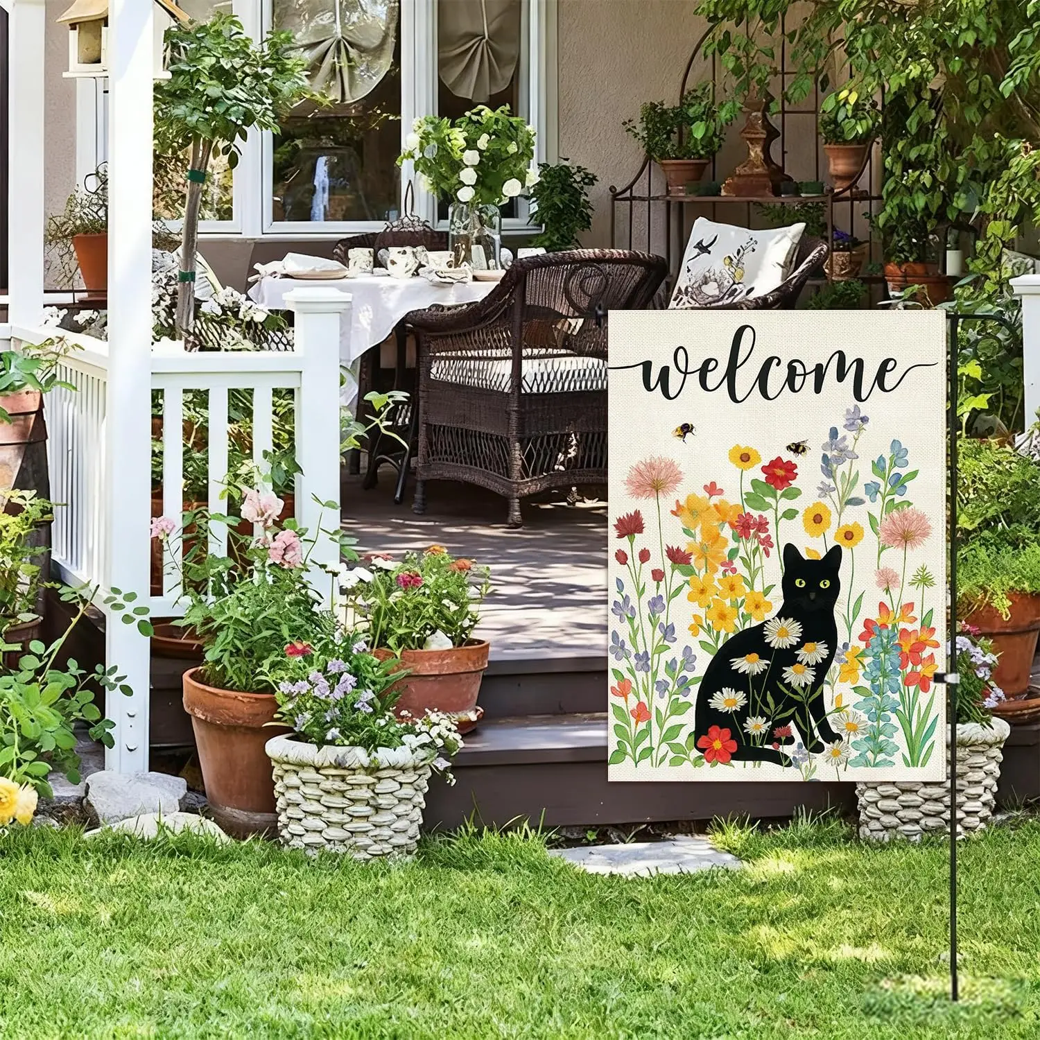 Baccessor Spring Summer Black Cat Garden Flag Double Sided 12.5 x 18 Inch Burlap with Clip and Stopper,Floral Flowers Welcom WWP