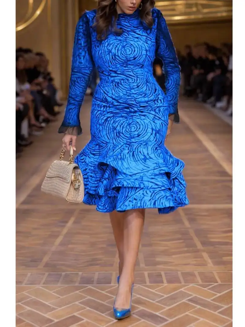 3XL Spring Casual Women's Mesh Splicing Ruffle Party Dress Elegant Office Dress Women's Printed Dress Fashionable Round Neck P4S