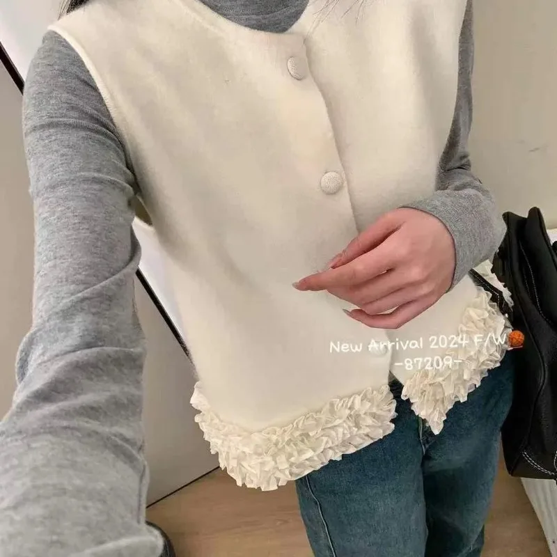 

Новый осенне-зимний модный универсальный однобортный кружевной жилет с круглым вырезом для женщин